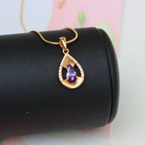 "Teardrop Purple Pendant with Dazzling Accents in Gold Finish, XPPT1690 - Picture 3 of 13
